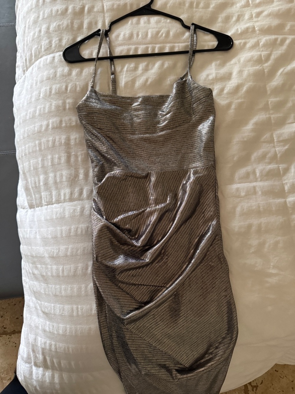 JLUXLABEL Metallic Silver Ruched Mini Dress